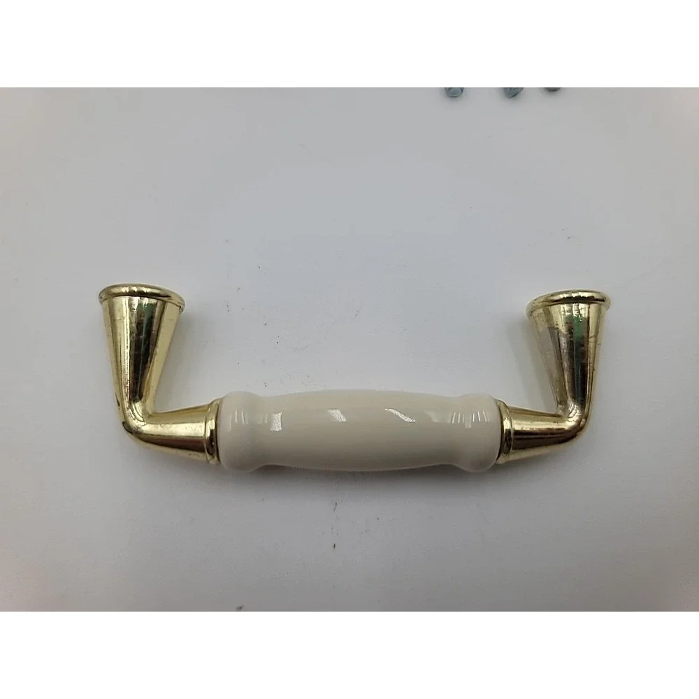VTG 3pc Brass‎ Beige Ceramic Cabinet Handles Drawer Pulls 3